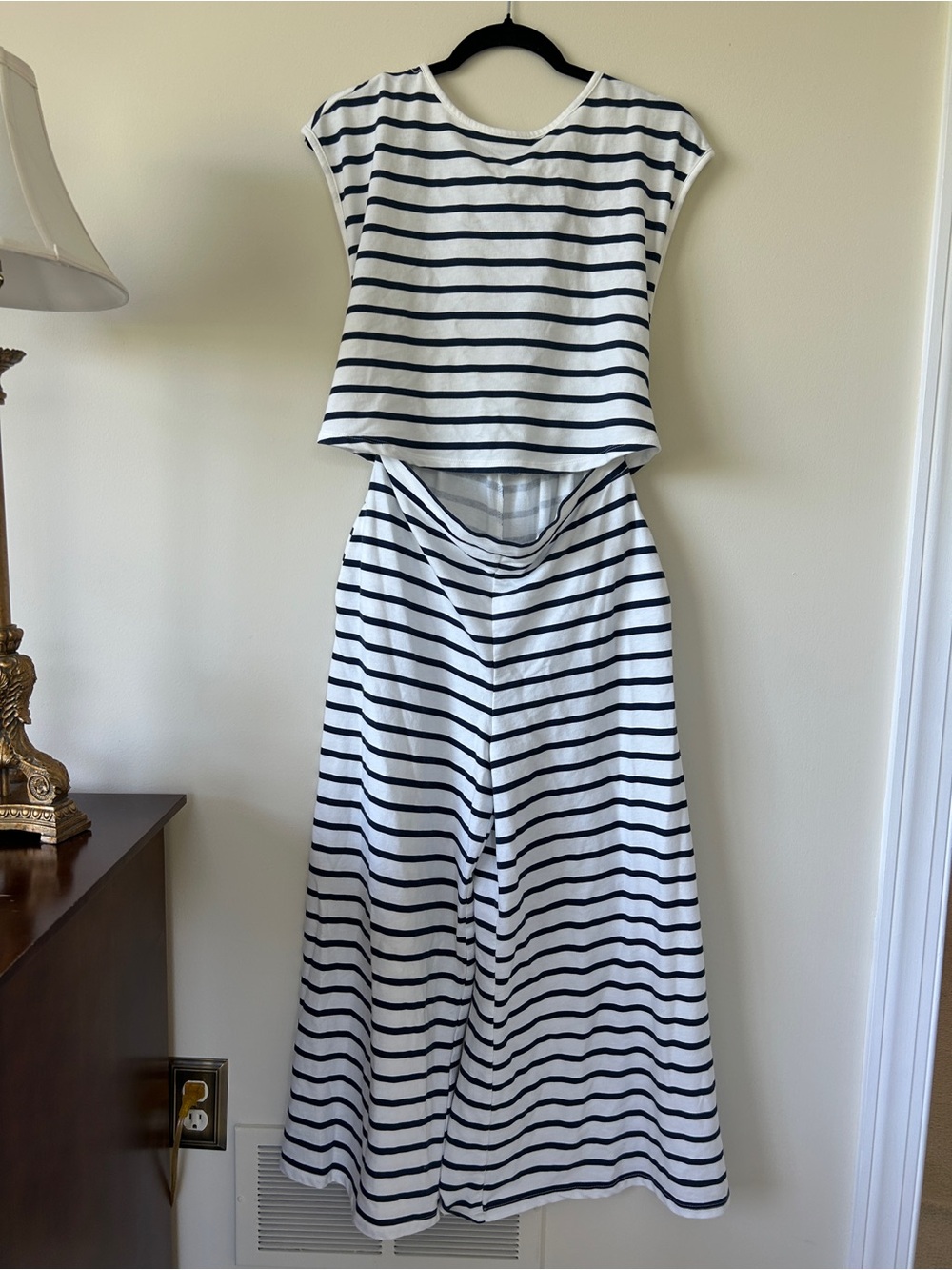 Fred David White and Navy Striped Maxi Dress with Cap Sleeves